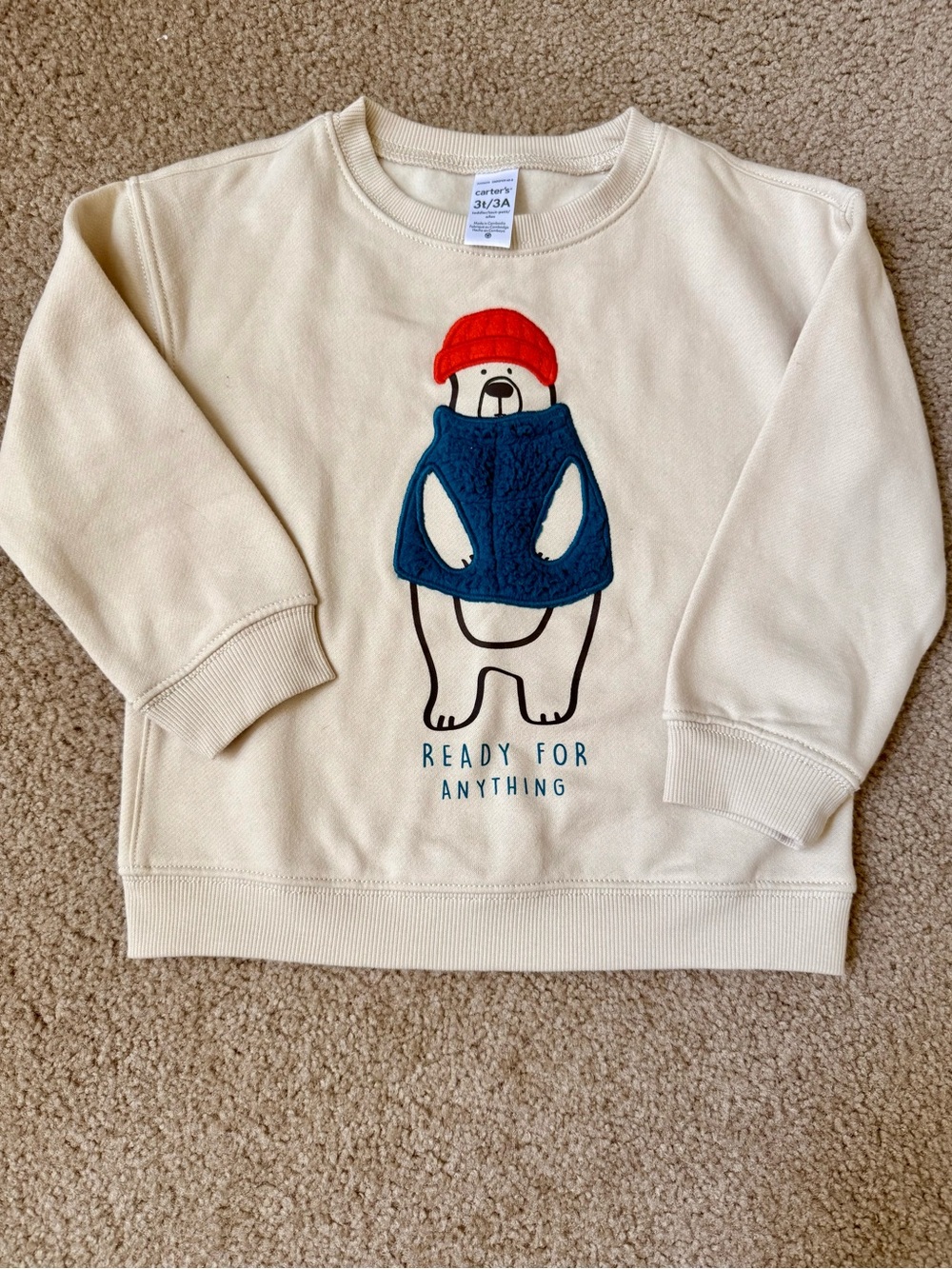 Carter's Cream Crewneck Sweater with Blue Vest & Orange Hat Bear Size 3T